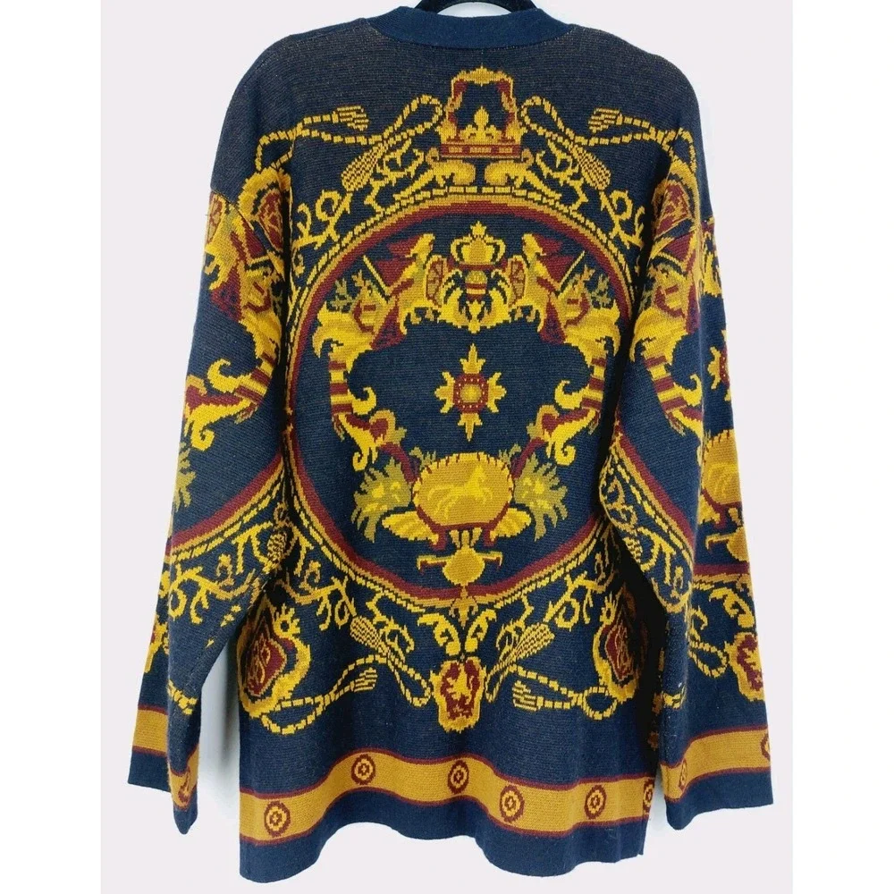 Vintage Jones New York Cartigan Sweater Size L Navy Gold Lambswool Button Front - Picture 6 of 6
